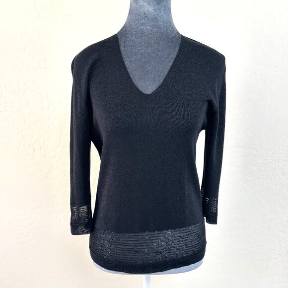 Joseph A. Silk Metallic Sweater with Beaded Trim - Black/Silver - Size M - Picture 1 of 9